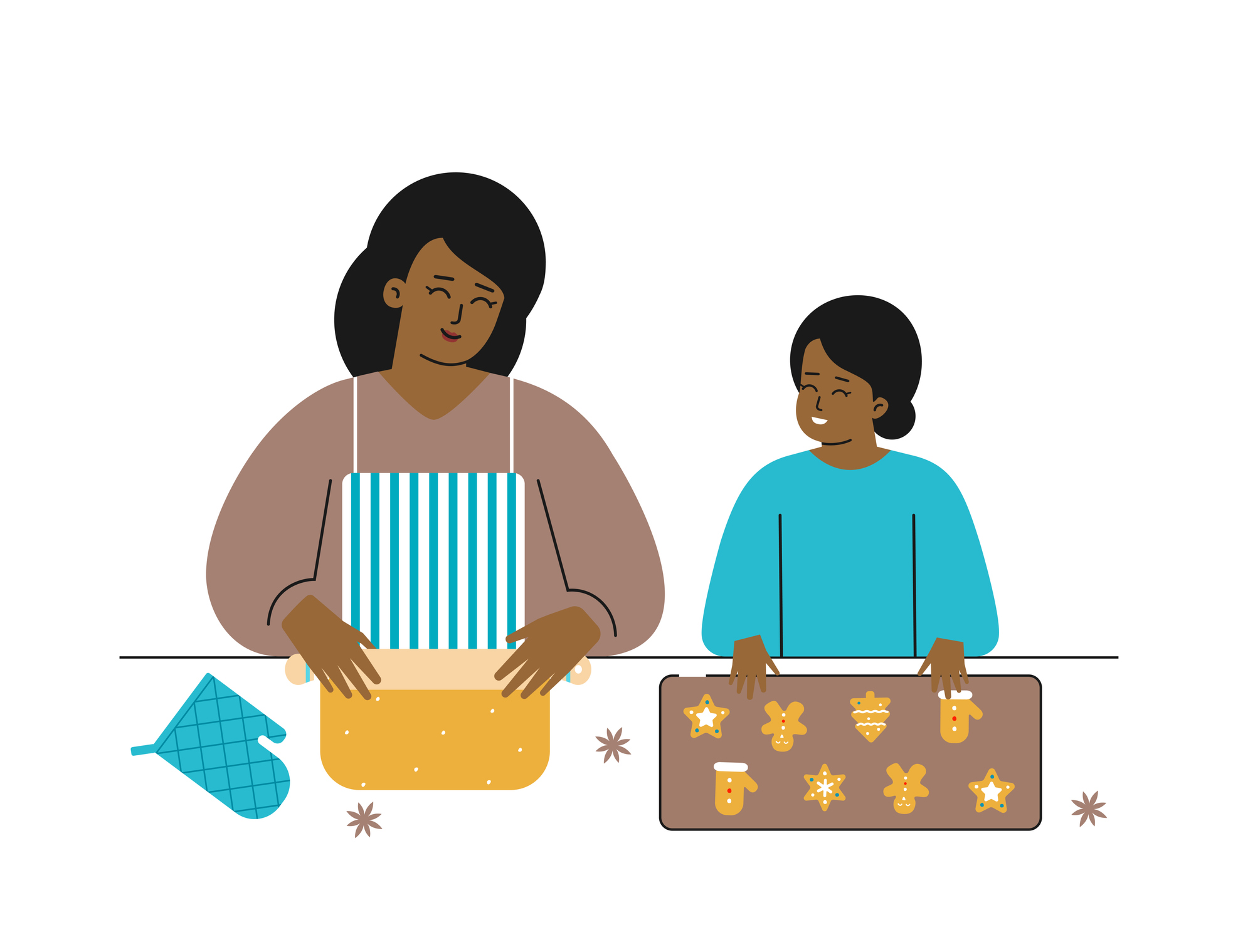 A caregiver and child take a break and baking cookies together 