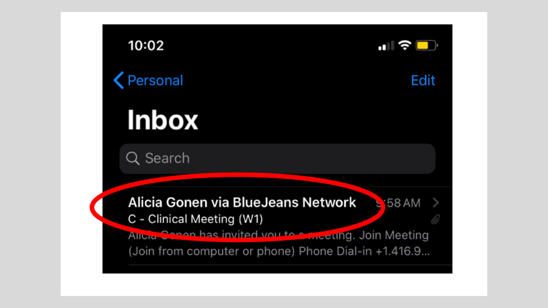 An image of an e-mail that says ‘Alicia Gonen via BlueJeans Network’ 