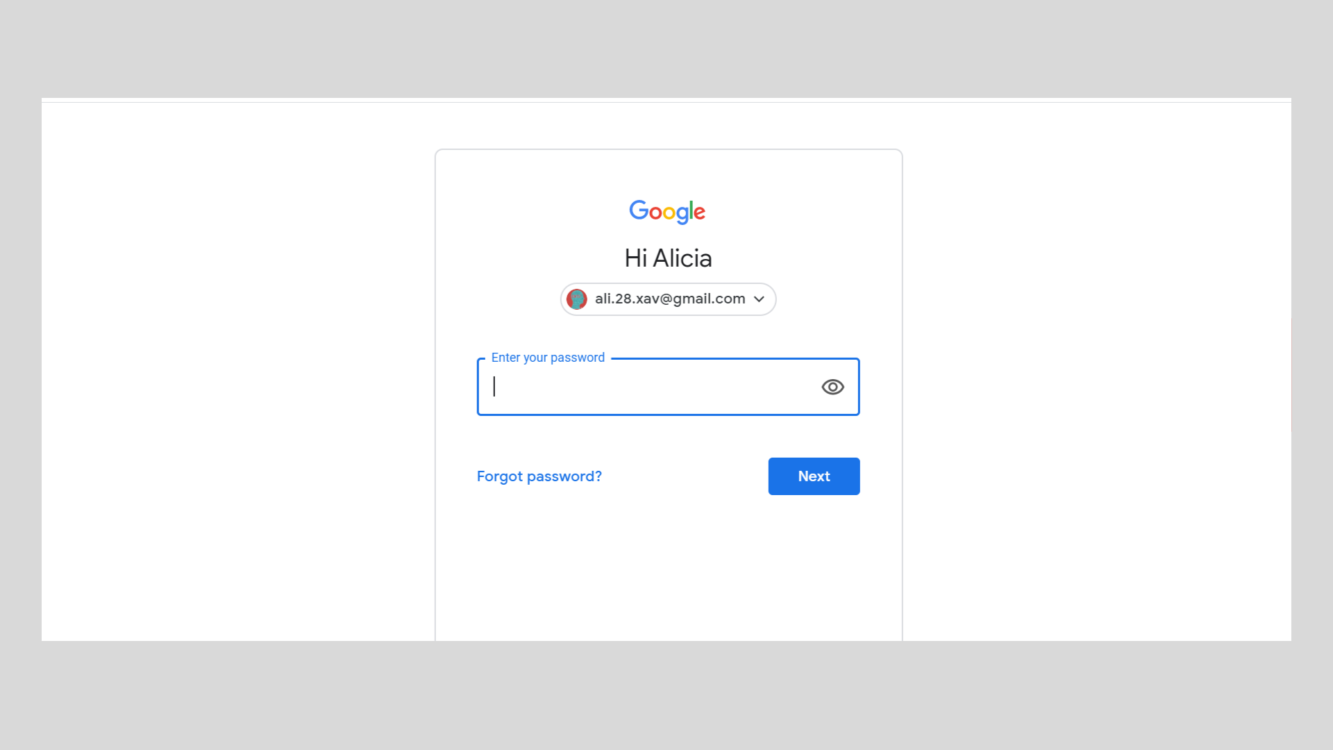 Gmail field outlined in blue that says  “Enter your password”